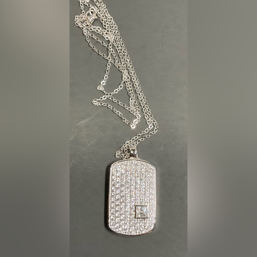 Tycoon dog tag pendent and chain Sterling silver CZ